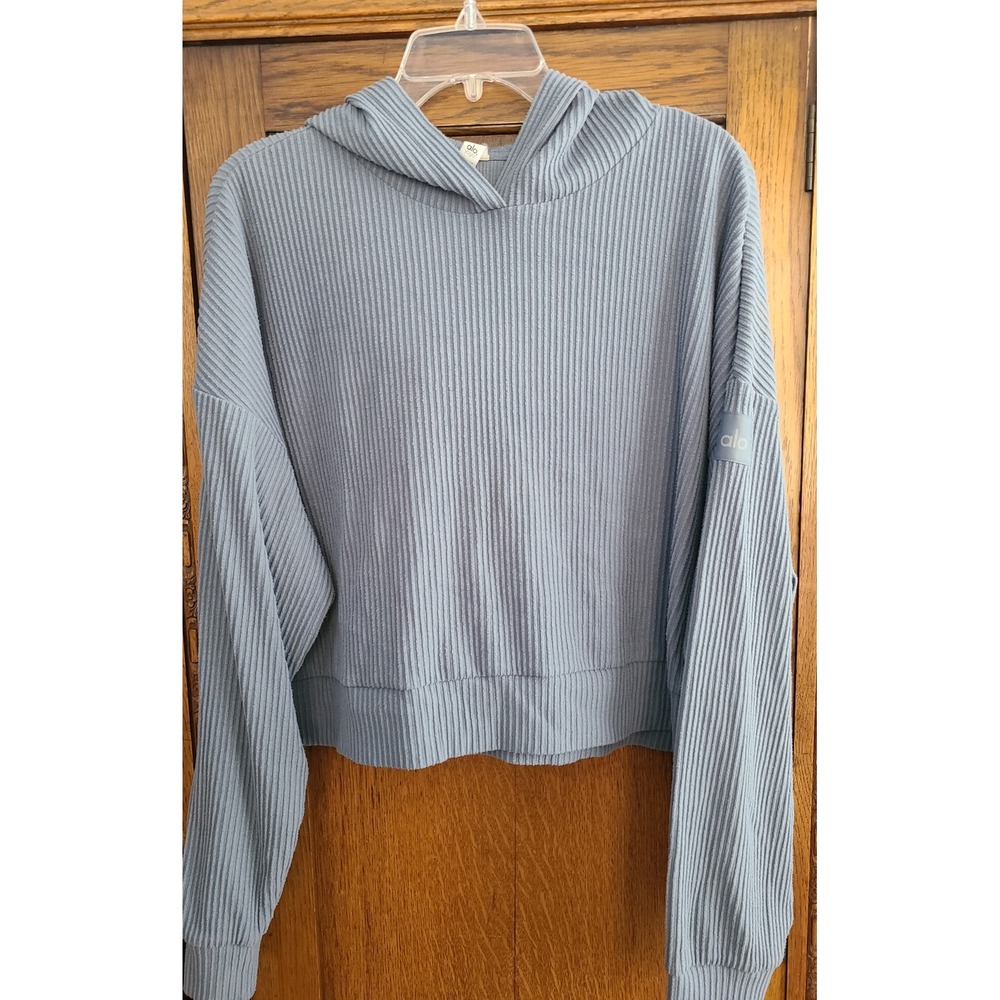 Alo Yoga Muse Hoodie Dusty Blue Ribbed Knit Cropped Pullover Sweatshirt Large